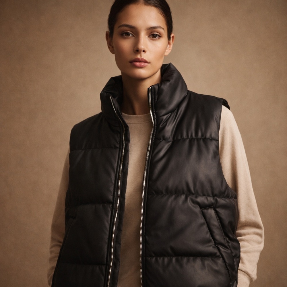 Ambiance Black Quilted Puffer Vest with High Collar Edgy Chic Size L